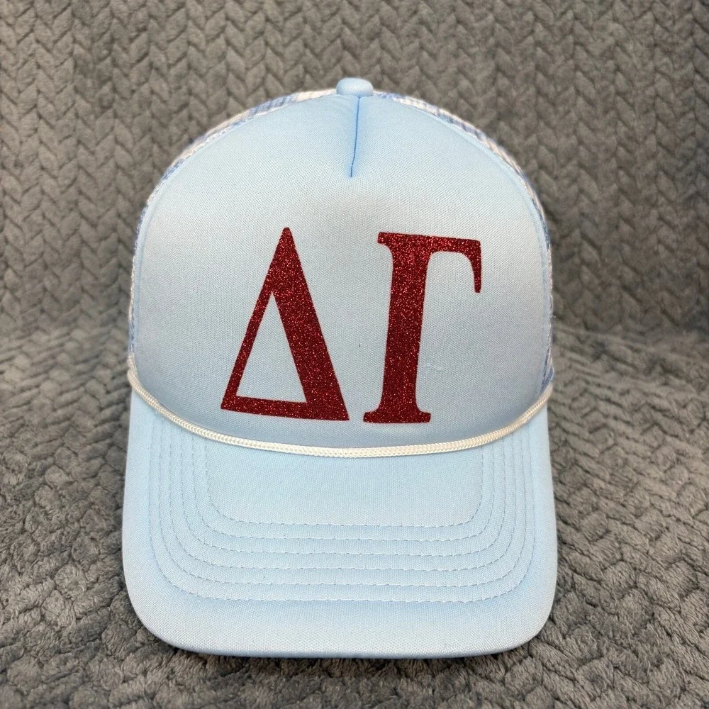 Delta Gamma DG Sorority Trucker Hat Light Blue Gingham Mesh Snapback Cap